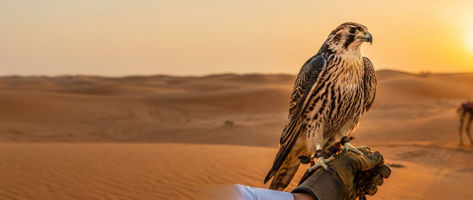 Falcon perched on a glove in the Dubai desert at sunset